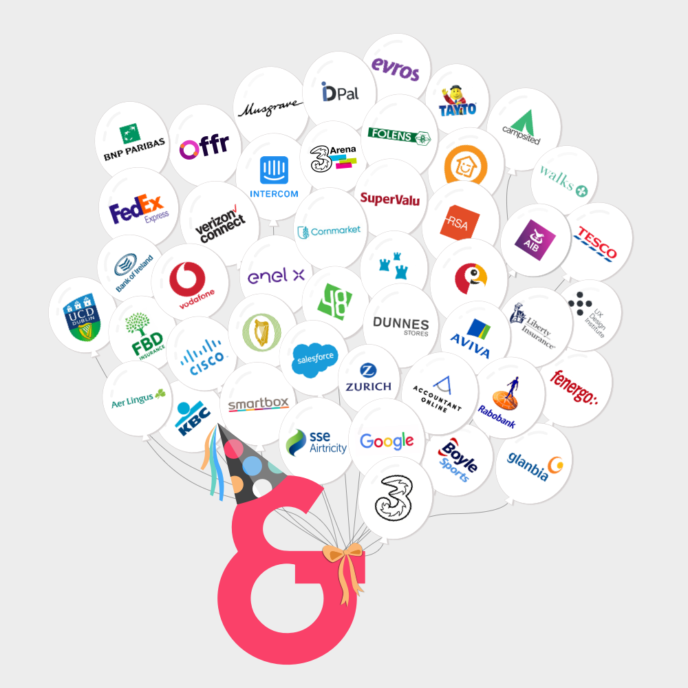 Client logos as balloons tied to the Each&Other ampersand: BNP Paribas, FedEx, Vodafone, Google, Cisco, Salesforce, Zurich, Aviva, Tesco, KBC, Fenergo and more